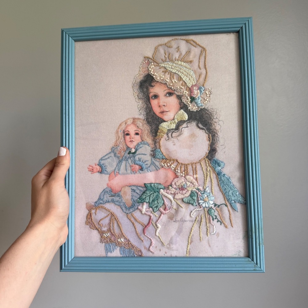 Vintage Embroidered Textile Art Girl with Doll Victorian Style Blue Framed 13x11